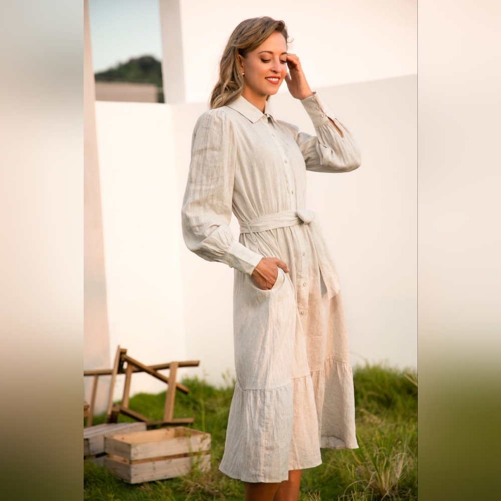 NWT - Flax-Linen Frieeah Ivory Midi Shirtdress with Pockets & Belt - Size 2XL